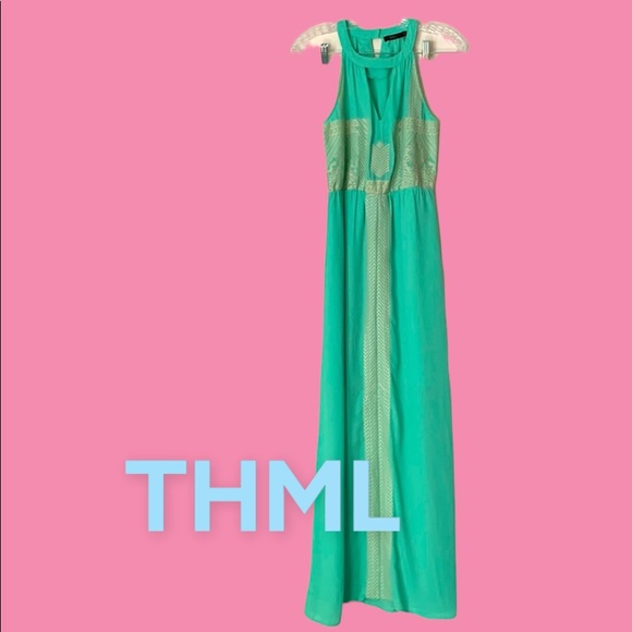 THML maxi dress green turquoise teal embroidered goddess boho - Picture 2 of 10